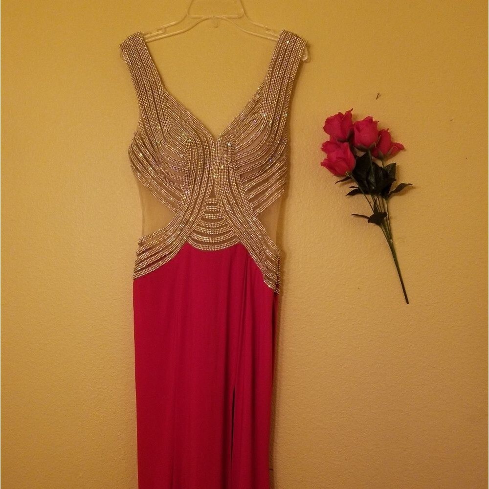 Glamorous Red & Champagne Embellished Evening Gown with Side Slit - S
